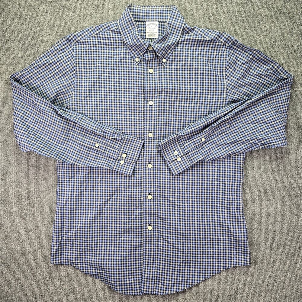 Brooks Brothers Shirt Mens Large Blue Check Regent Fit Non Iron Supima Cotton